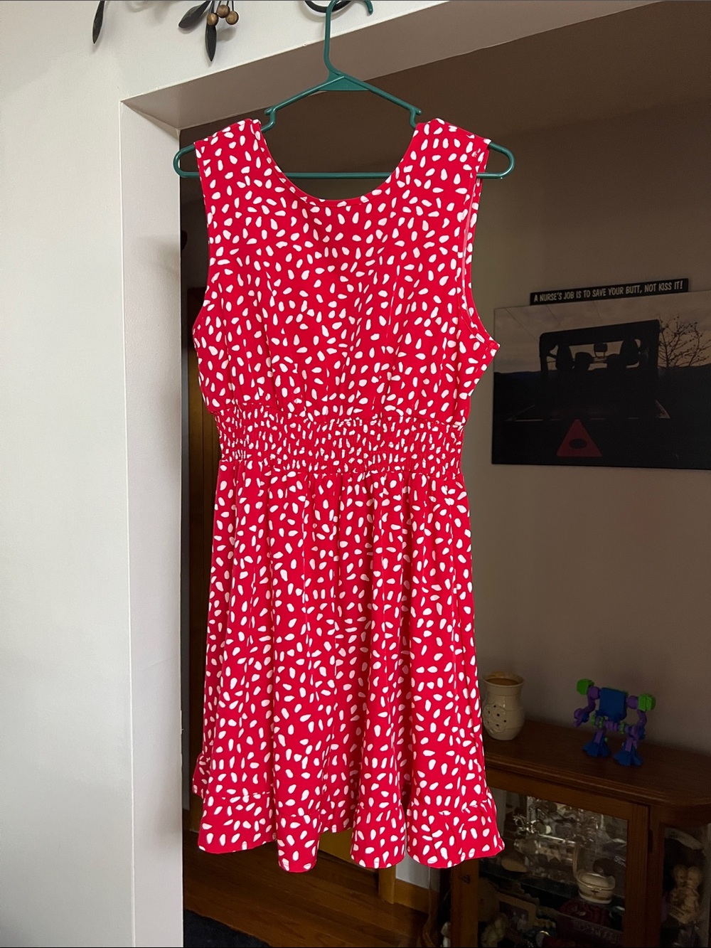 Red Sleeveless Printed Smocked Waist Dress